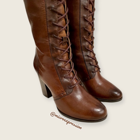 $699 Frye Parker Lace-Up Victorian Brown Leather Tall Boho Heeled Knee High Boot - Picture 10 of 16